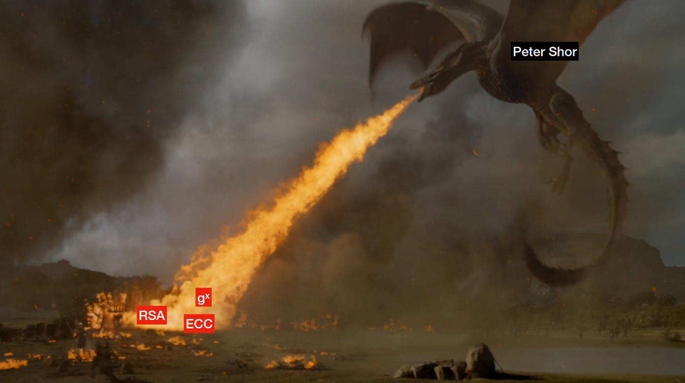 image of a dragon breathing fire, edited such that the dragon has the label 'Peter Shor', and it's breathing fire on text labels saying g^x, RSA and ECC